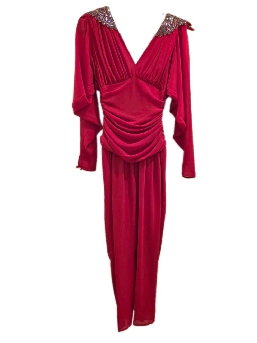 1982 Vintage Casadei Lipstick Red Beaded Shoulder Ruched Long Sleeve Jumpsuit 8
